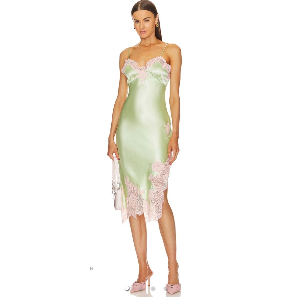NWT* Alice + Olivia Kerr Midi Slip Dress Satin Green Pink Lace Fairy Romantic 10 - Picture 1 of 15